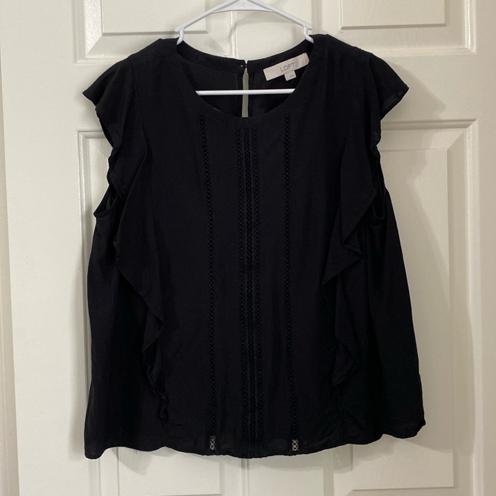 Loft black flutter detail boxy woven tank shirt with lace details in front